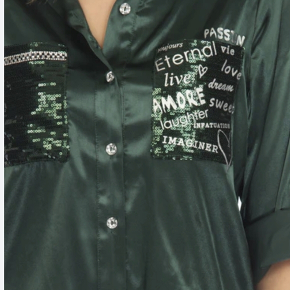 Frank Lyman Design Sequined Tie Hem Roll Tab Sleeve Satin Top  - Picture 5 of 9